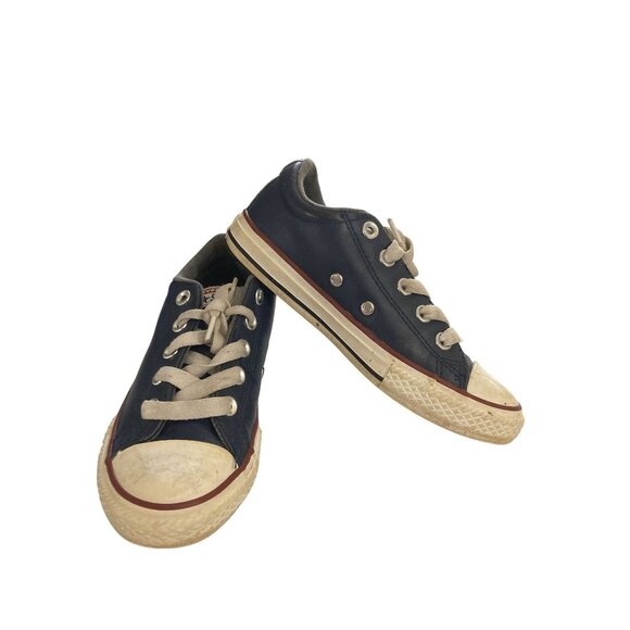 Converse All Star Junior kids Size 1 Blue Leather Rubber Sole Sneakers shoes - Picture 1 of 8